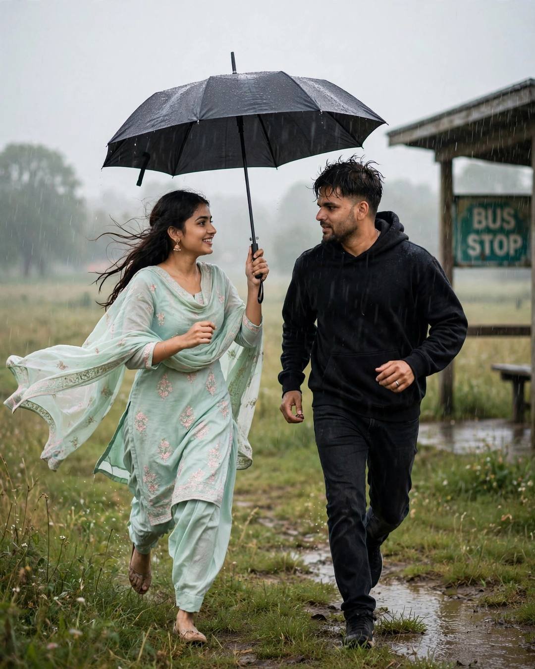 Rainy Couple AI portrait — Huddled under a shop awning, watching the, black oversized hoodie and dark jeans, slightly messy morning hair, running toward each other across a sunlit field at bus stop in the rain