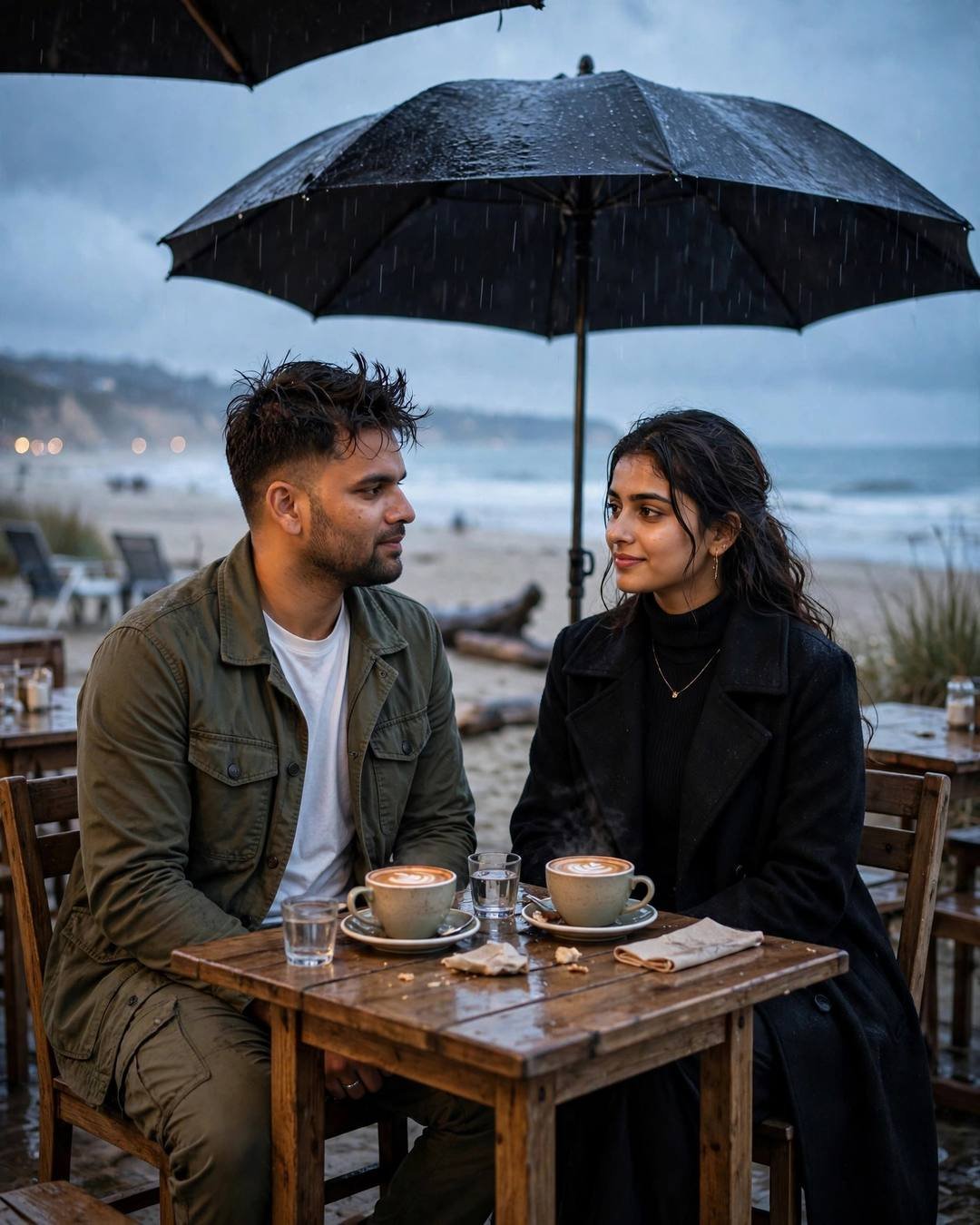 Rainy Couple AI portrait — Racing home in the rain, hand in, olive field jacket, white tee, cargo pants, slightly messy morning hair, sitting across a small cafe table, hands almost touching over cups at deserted beach at dusk