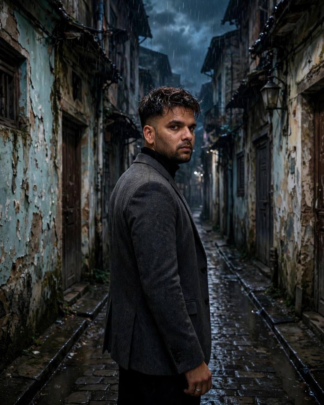 Rainy Sadness AI portrait — His breath fogging in the cold as, charcoal blazer, black turtleneck, towel-dried tousled hair, walking away from the camera down an empty path at narrow old-city lane with peeling walls