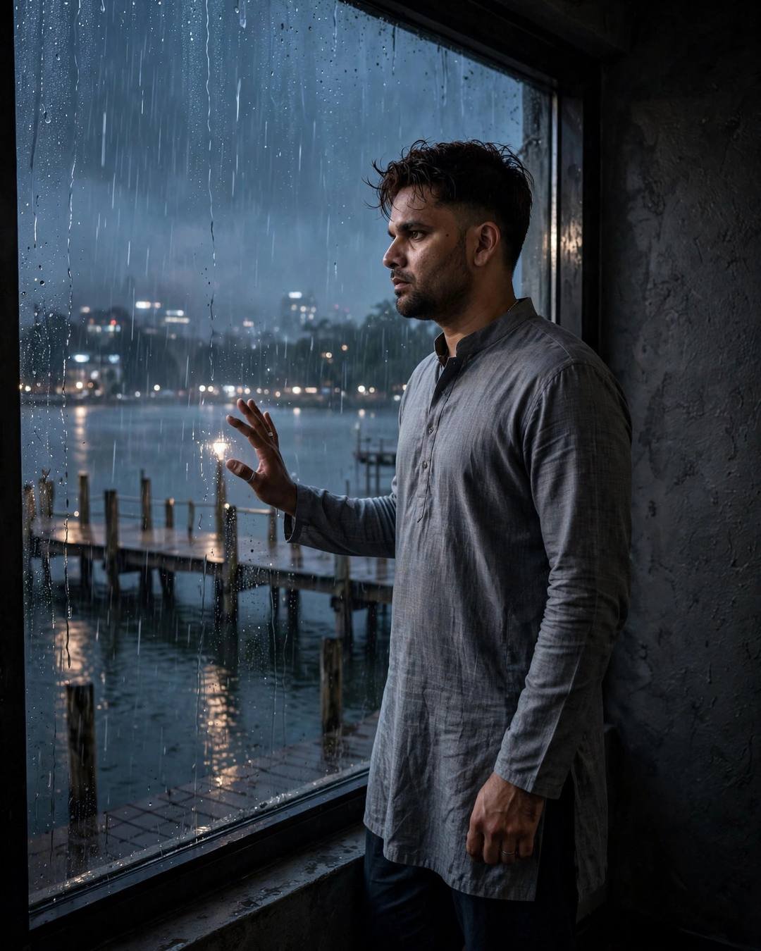 Rainy Sadness AI portrait — Watching her auto disappear into rain, grey kurta with dark pajama, windswept textured hair, standing at a rain-streaked window, one hand on the glass at quiet lake pier at dawn