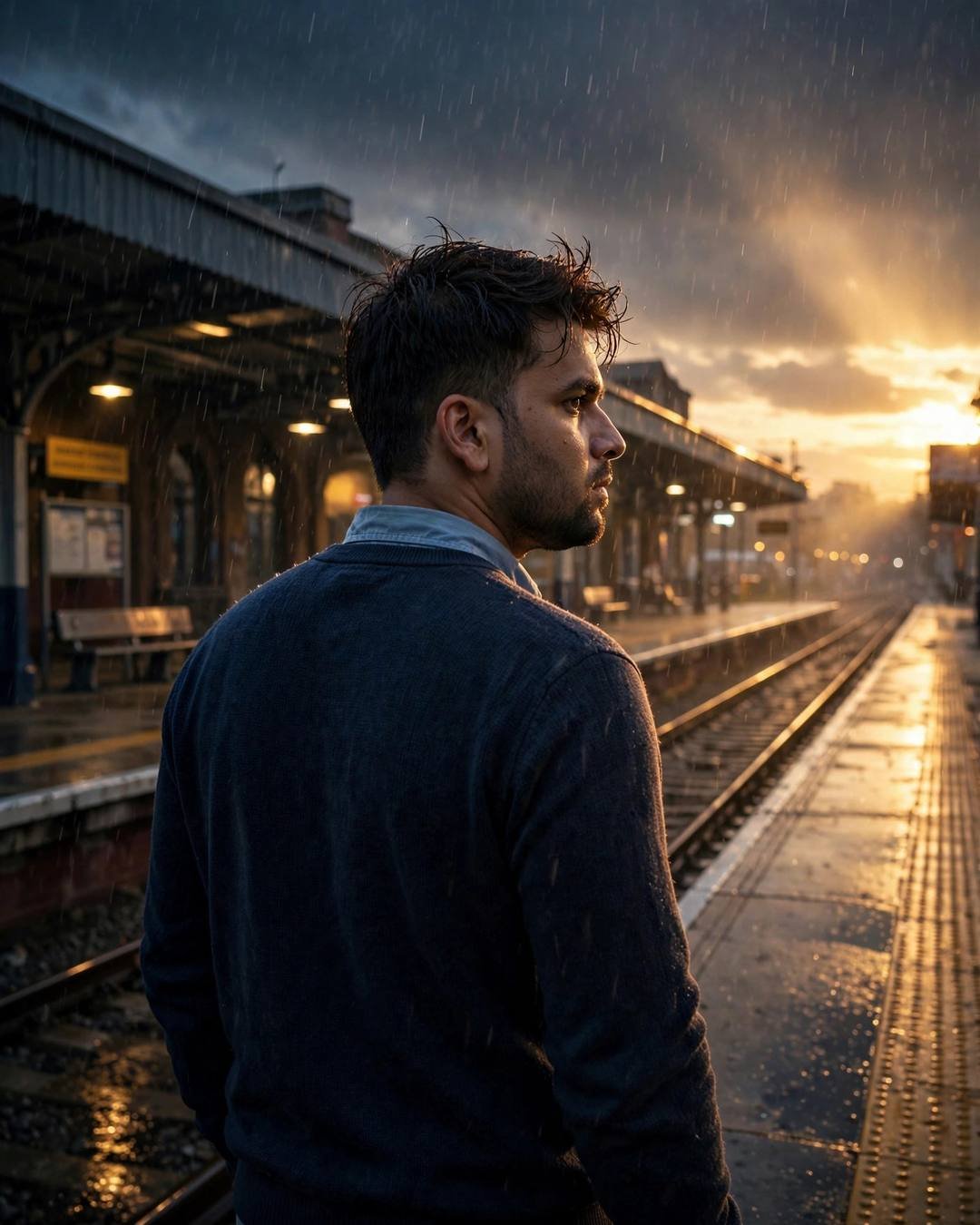 Rainy Sadness AI portrait — Standing under a dripping banyan tree as, navy sweater over collared shirt, towel-dried tousled hair, walking away from the camera down an empty path at empty railway platform at night