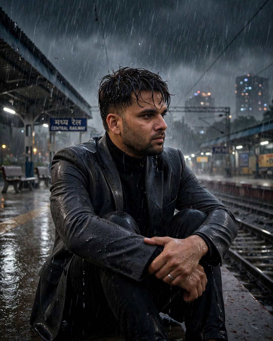 Rainy Sadness AI portrait — A soaked letter clutched in his fist, charcoal blazer, black turtleneck, towel-dried tousled hair, sitting with knees drawn up, arms wrapped around legs at empty railway platform at night
