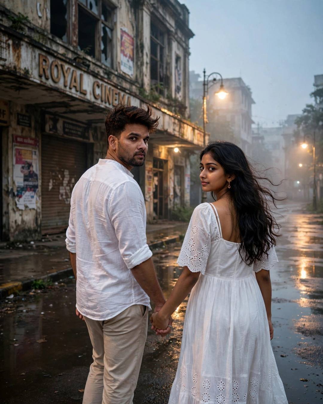 Cinematic AI photograph of a couple — surprising her at her office gate — at walking hand in hand away from the camera into the distance at abandoned cinema hall, years melted away, electric mood