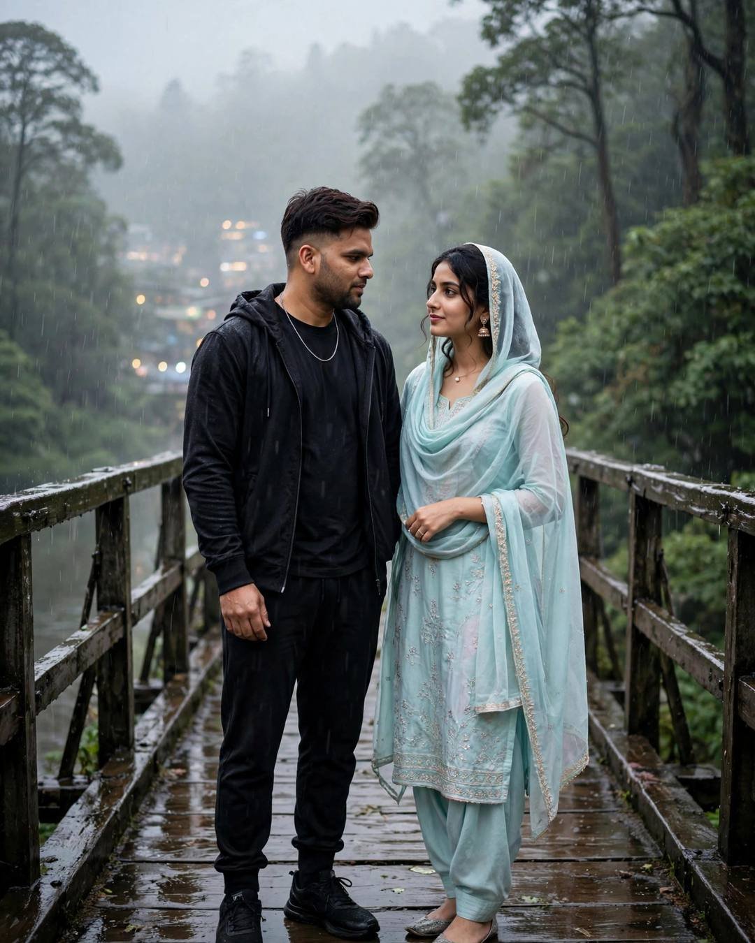 Cinematic AI photograph of a couple — the first hug after two years apart — at standing on a bridge, looking at each other while the city blurs at misty forest path, years melted away, aching mood
