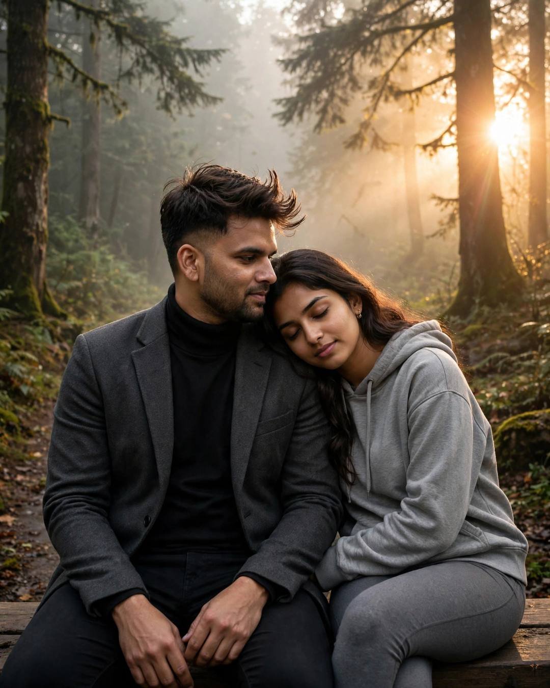 Couple on a bench on a misty forest path at dawn, man in charcoal blazer and black turtleneck, woman in grey hoodie and leggings resting her head on his shoulder