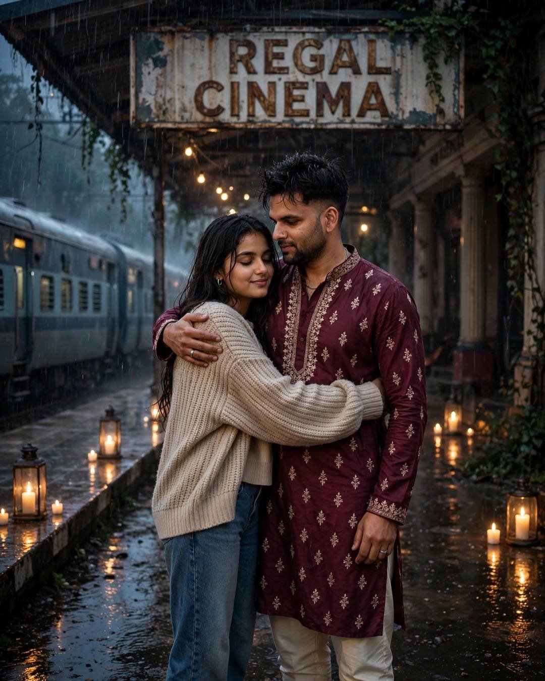 Couple hugging on a rainy railway platform with candles and a train, man in embroidered maroon kurta and woman in oversized beige sweater and jeans under a Regal Cinema sign