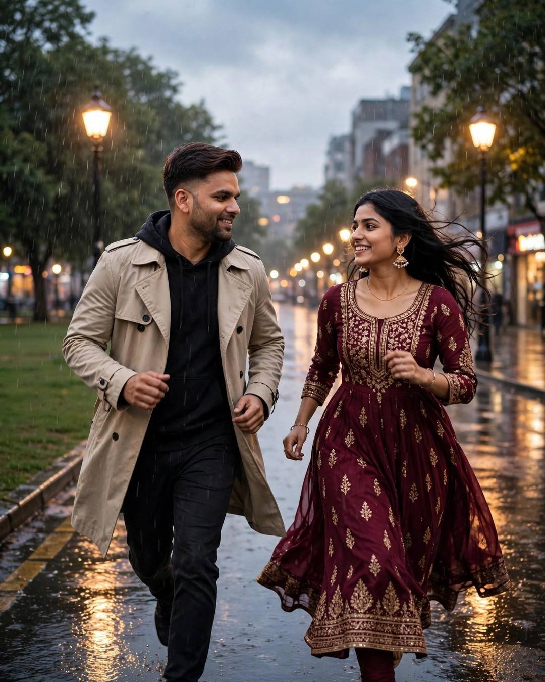 Romantic Rain AI portrait — A slow rain waltz on a village, beige trench coat over dark layers, neatly combed side part, running toward each other across a sunlit field at rain-soaked city street
