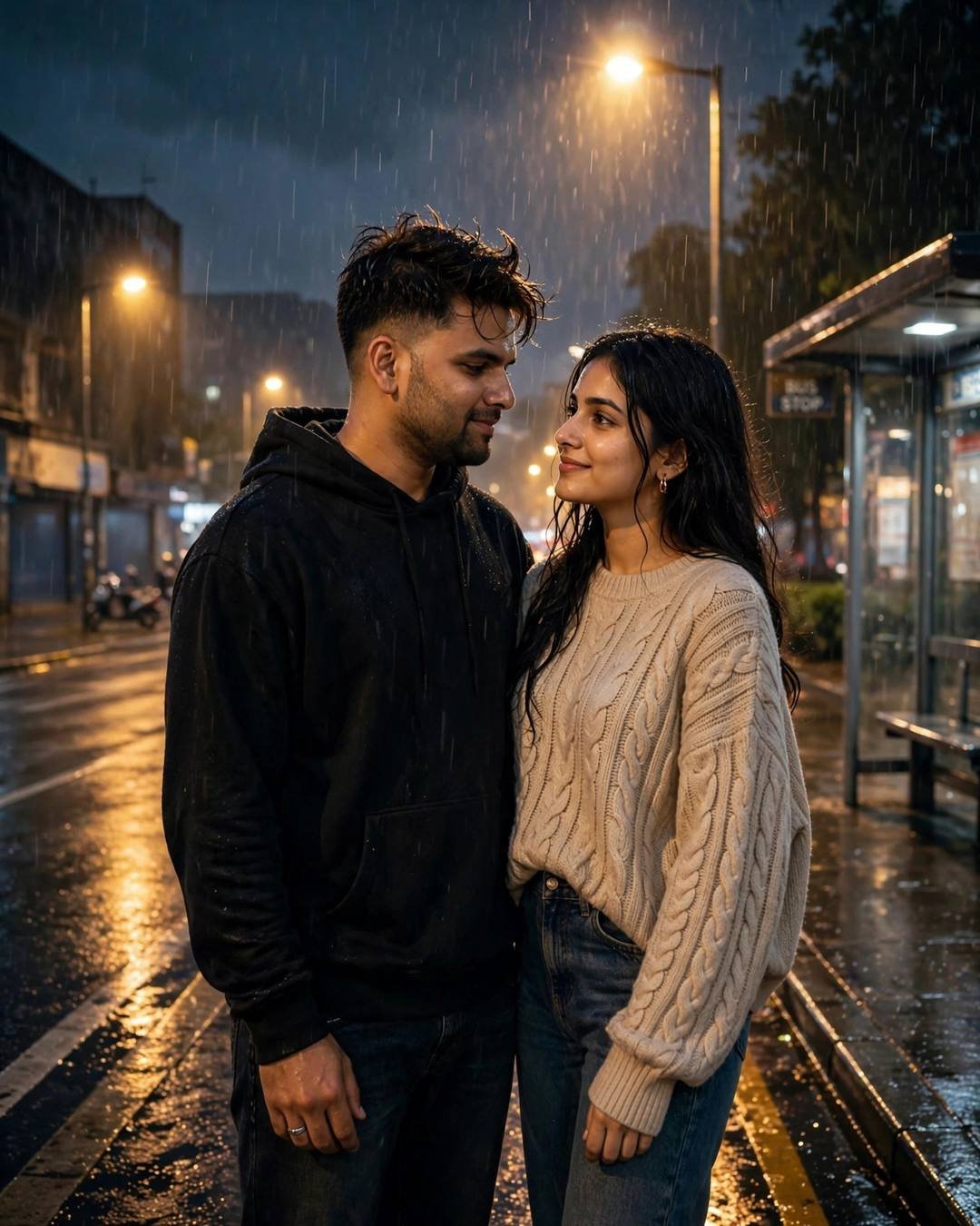 Romantic Rain AI portrait — Her laughter echoing through a rain-washed spice, black oversized hoodie and dark jeans, windswept textured hair, dancing slowly in an empty street under streetlights at bus stop in the rain