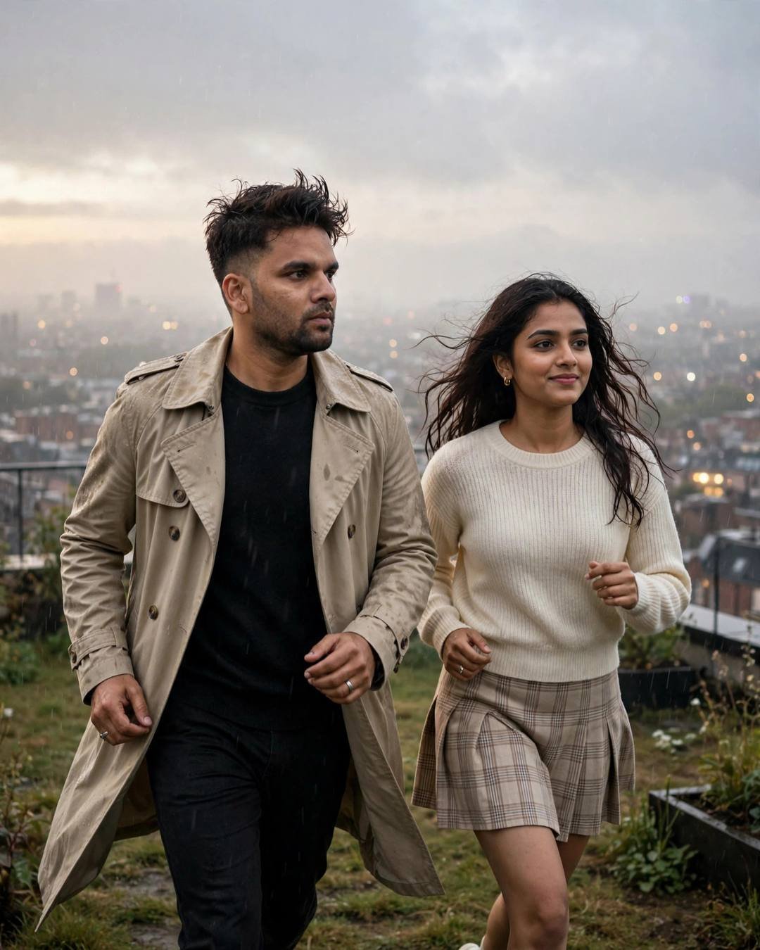 Romantic Rain AI portrait — A surprise rain-date with paper boats, beige trench coat over dark layers, windswept textured hair, running toward each other across a sunlit field at rooftop overlooking sleeping city lights