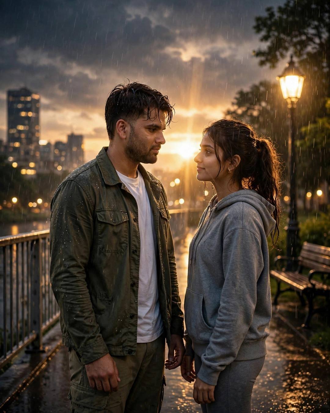 Romantic Rain AI portrait — Her wet bangles chiming as they dance, olive field jacket, white tee, cargo pants, damp rain-wet hair, standing on a bridge, looking at each other while the city blurs at park bench under a lone lamp
