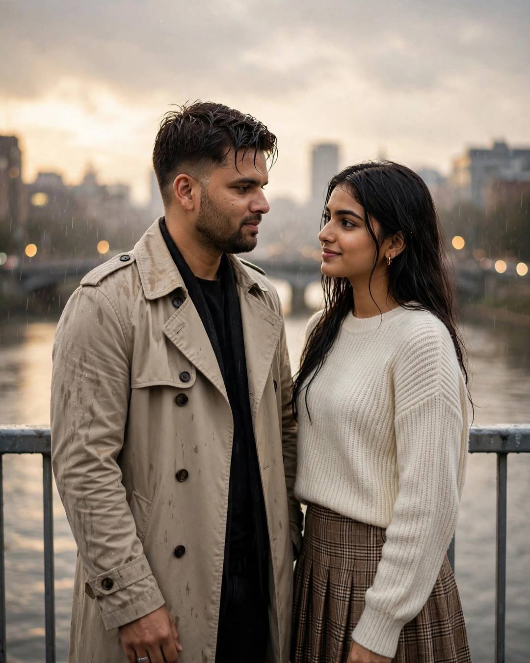 Romantic Rain AI portrait — Wet hair, warm hands, a slow embrace, beige trench coat over dark layers, damp rain-wet hair, standing on a bridge, looking at each other while the city blurs at bridge over a slow river