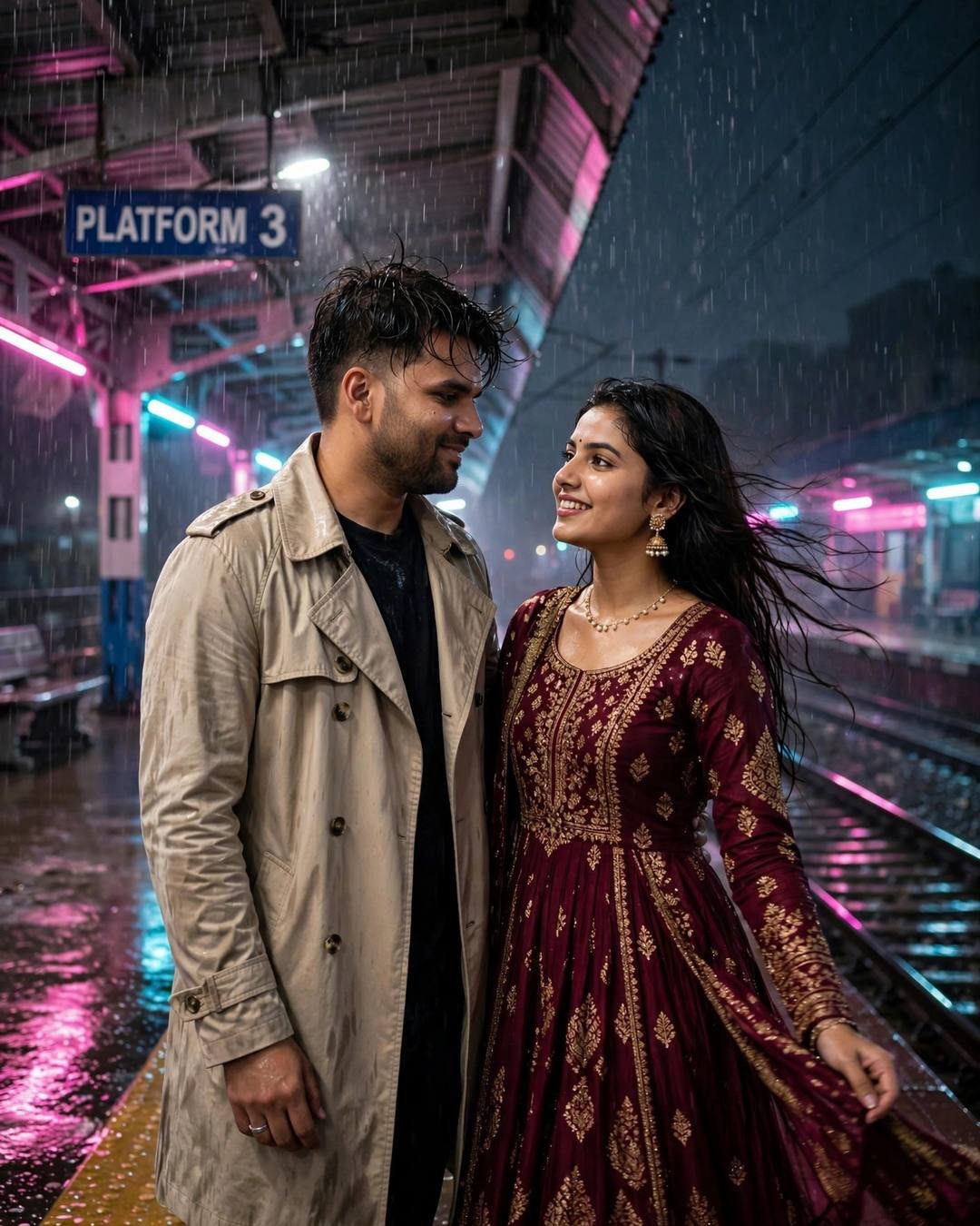 Lying head to head, watching the pale — Rooftop cinematic AI portrait: beige trench coat over dark layers, windswept textured hair at night, above the city noise, electric mood