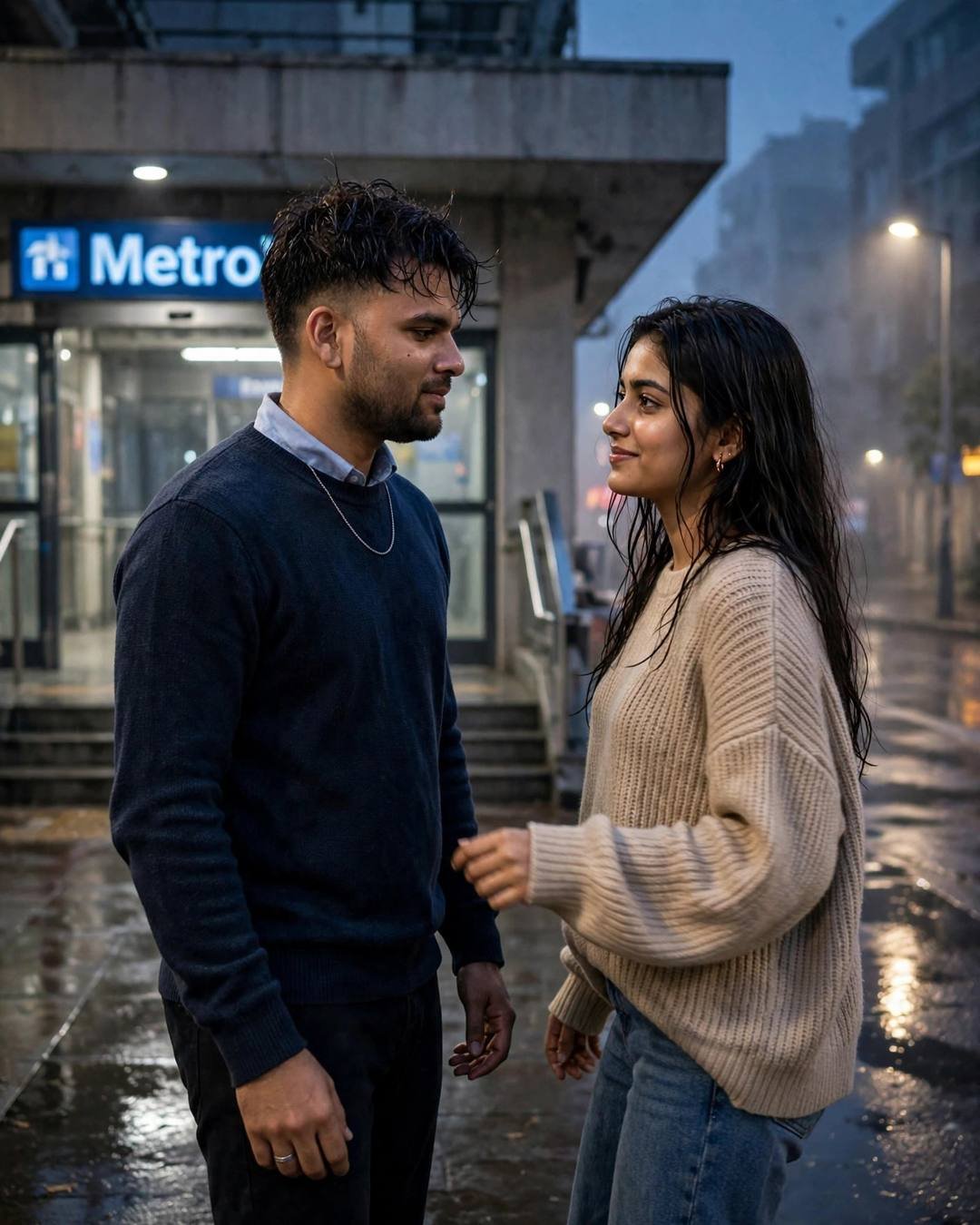 Her sari pallu lifting in the wind — Rooftop cinematic AI portrait: navy sweater over collared shirt, towel-dried tousled hair at midnight metro station, above the city noise, fragile mood