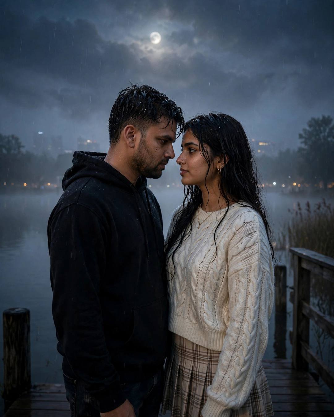 Shadow puppets dancing across the old water — Rooftop cinematic AI portrait: black oversized hoodie and dark jeans, damp rain-wet hair at dawn, above the city noise, fragile mood