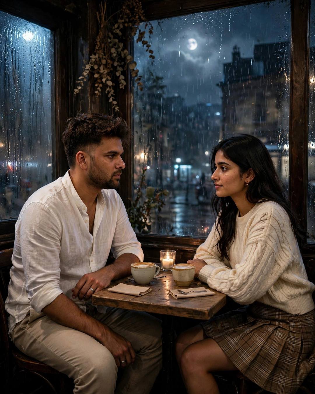 A brass telescope between them as she — Rooftop cinematic AI portrait: white linen shirt with rolled sleeves, beige trousers, slightly messy morning hair at old cafe by a fogged window, above the city noise, bittersweet mood