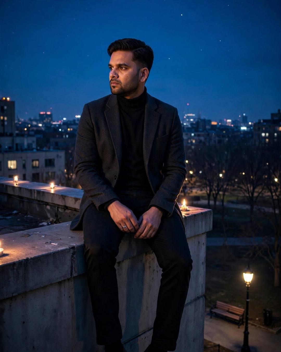 Cinematic AI photograph of a young man — a king alone on his throne of — at sitting on a rooftop ledge, legs dangling over the edge at park bench under a lone lamp, melancholy with style, bittersweet mood