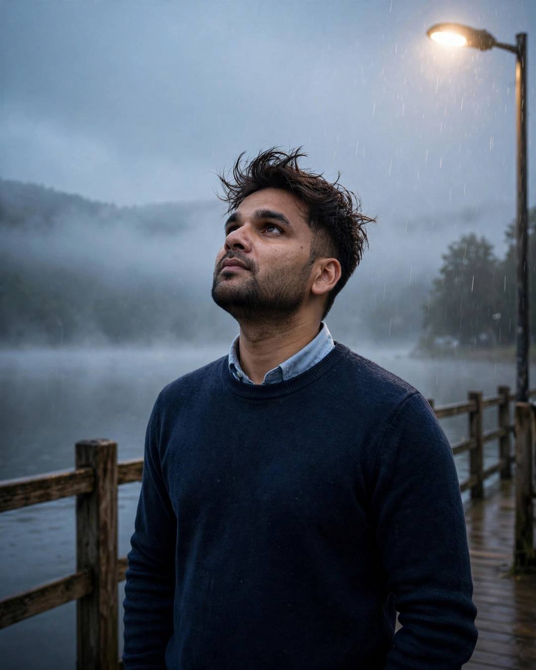Cinematic AI photograph of a young man — walking slowly away from the camera down — at standing under a streetlamp in the rain, face lifted to the sky at quiet lake pier at dawn, melancholy with style, hopeful mood