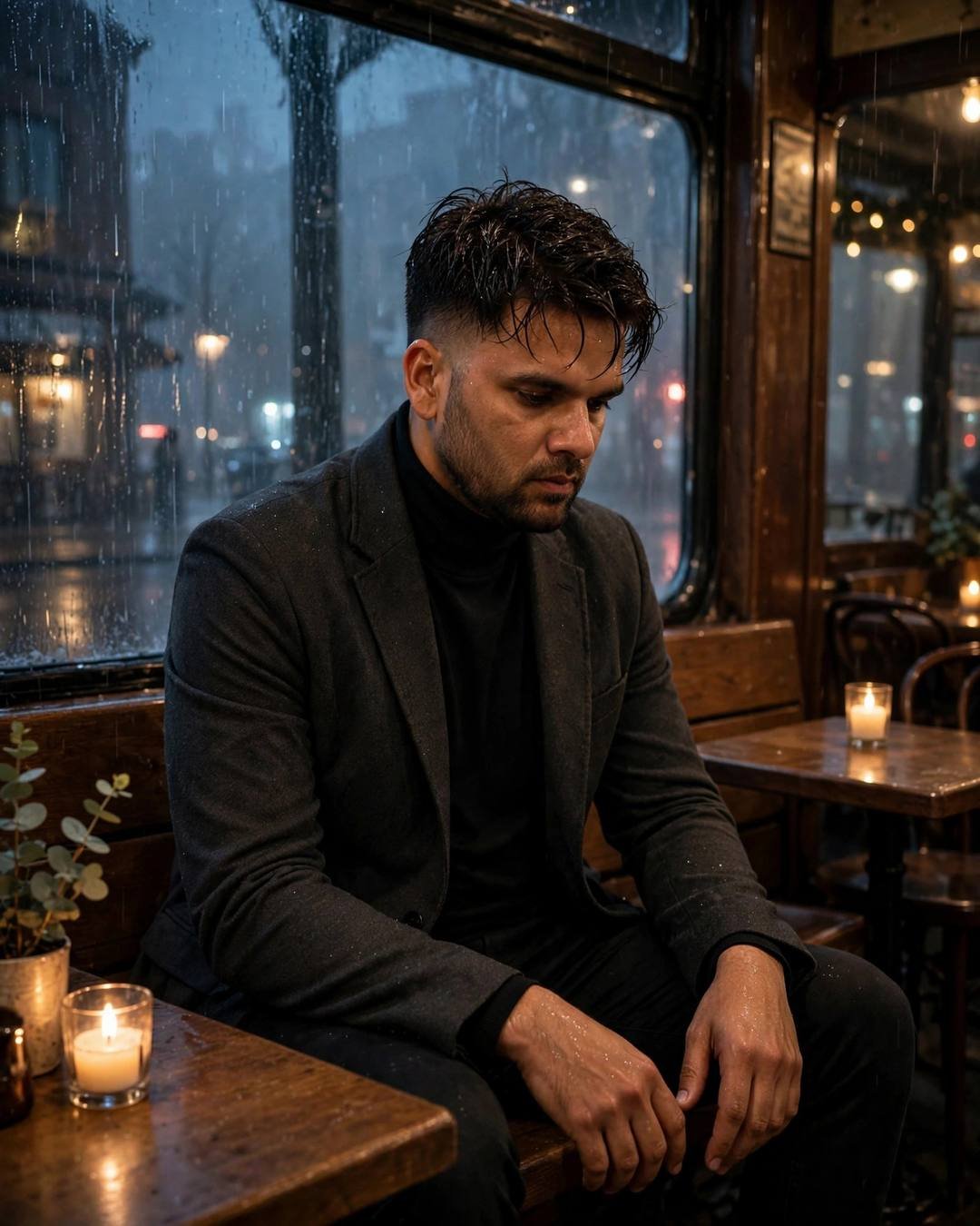 Sad Boy AI portrait: a young Indian man in charcoal blazer, black turtleneck, damp rain-wet hair — sitting on station bench, elbows on knees, head in hands at old cafe by a fogged window; clear cold night, golden hour with candlelight warmth in darkness