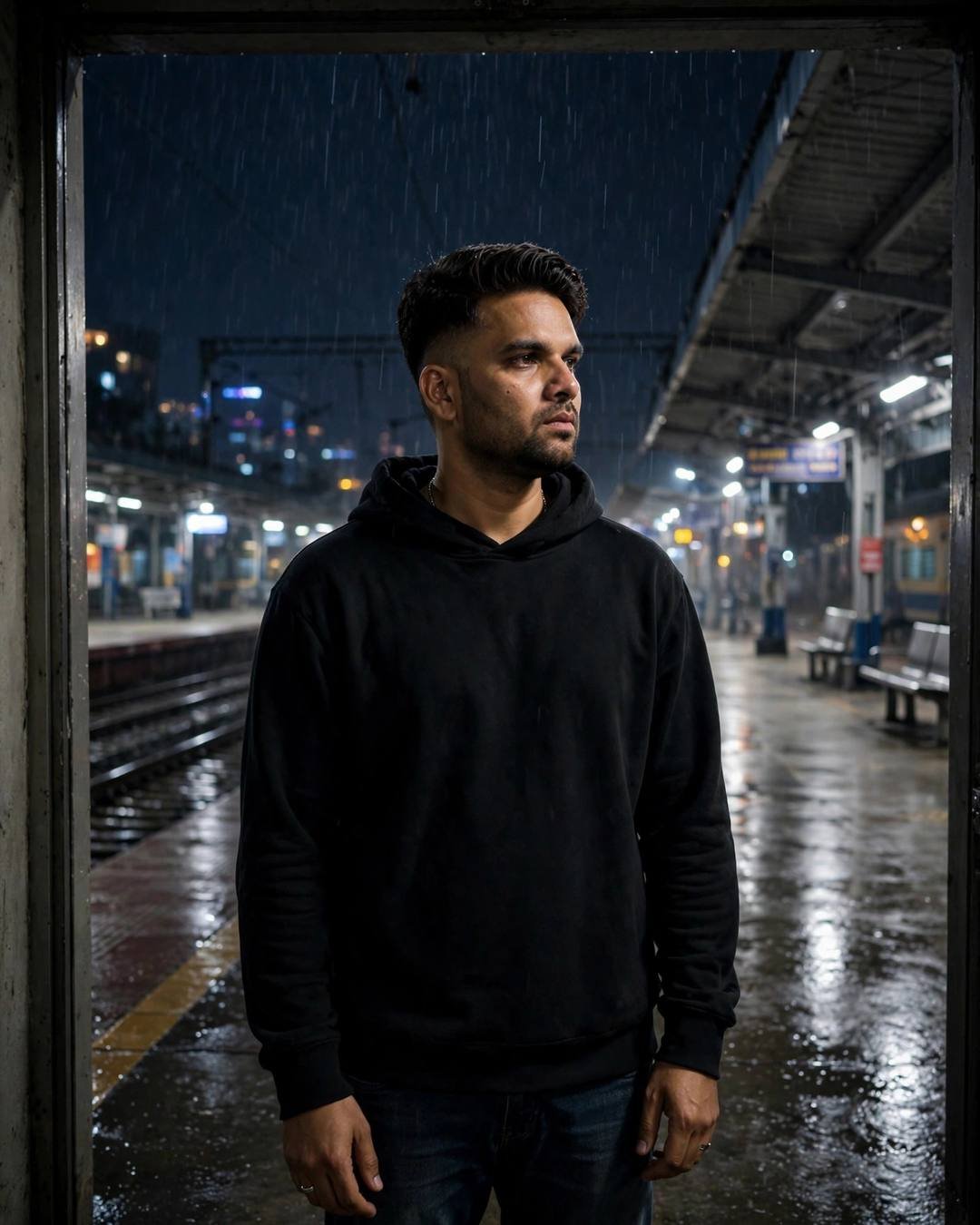 Sad Boy AI portrait: a young Indian man in black oversized hoodie and dark jeans, neatly combed side part — standing in a doorway, half in shadow at empty railway platform at night; light rain, midnight with rain-diffused city glow