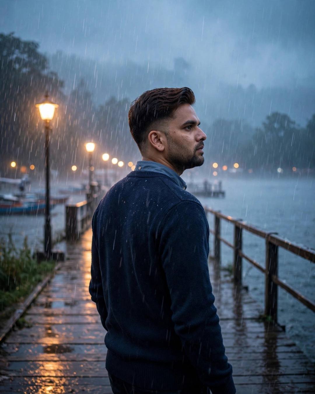 Sad Boy AI portrait: a young Indian man in navy sweater over collared shirt, neatly combed side part — walking away from the camera down an empty path at quiet lake pier at dawn; heavy monsoon rain, blue hour with warm sodium streetlamp light