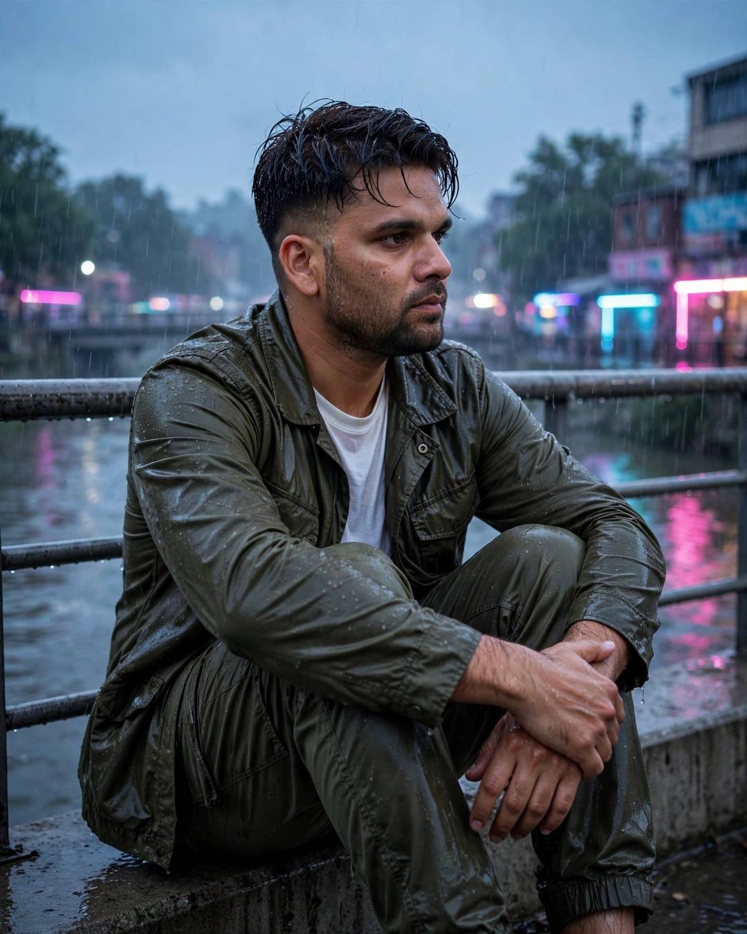 Sad Boy AI portrait: a young Indian man in olive field jacket, white tee, cargo pants, damp rain-wet hair — sitting with knees drawn up, arms wrapped around legs at bridge over a slow river; drizzle, blue hour with neon pink and cyan spill