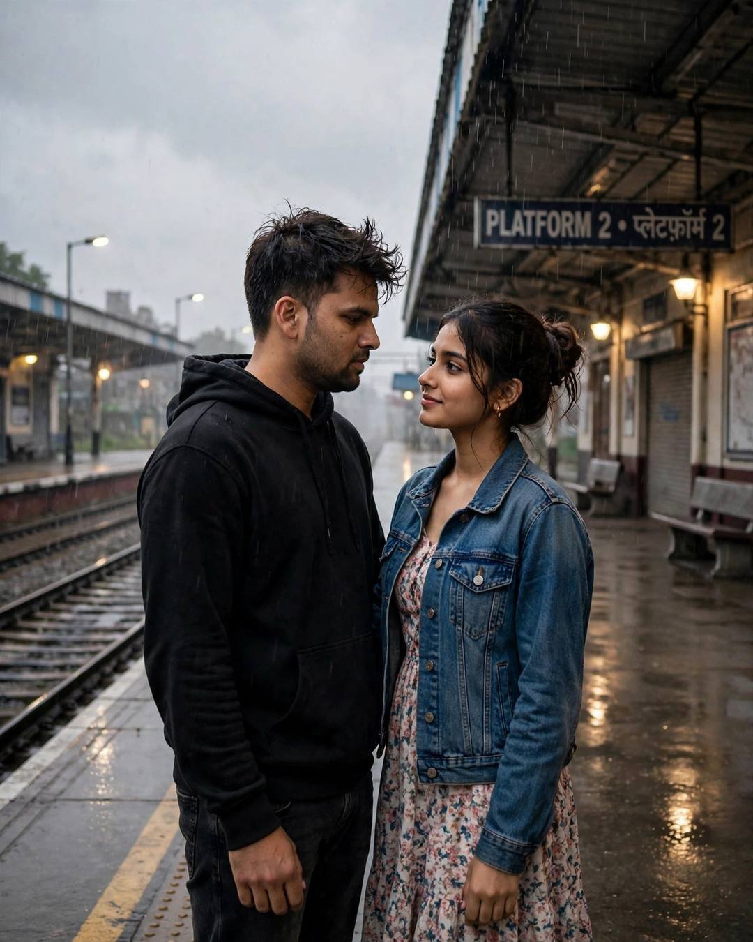 Couple standing face to face on an empty rainy railway platform at night, man in a black oversized hoodie and woman in a denim jacket over a floral dress under the Platform 2 sign