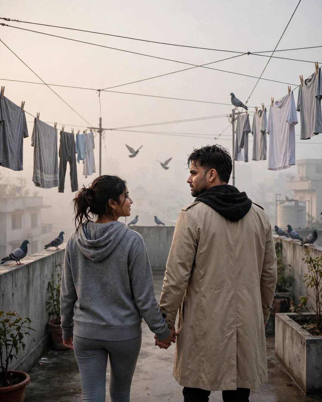 Couple holding hands walking away on a foggy rooftop terrace at dawn, man in a beige trench coat and woman in a grey hoodie beneath hanging laundry lines with pigeons
