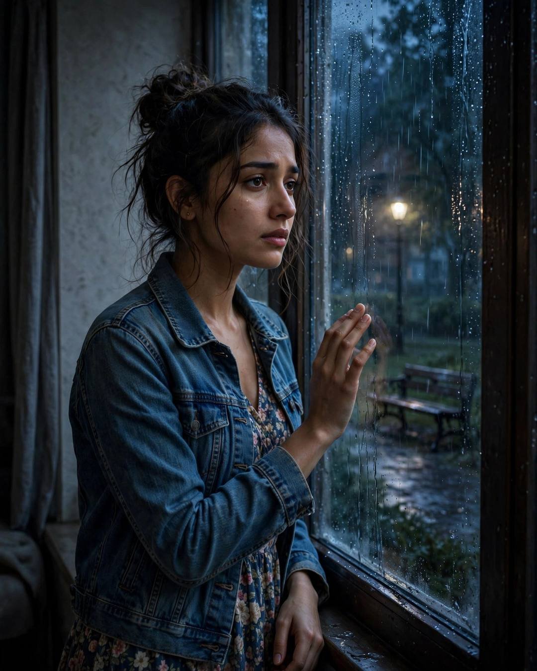Sad Girl AI portrait: a young Indian woman in denim jacket over floral dress, messy bun with stray strands — standing at a rain-streaked window, one hand on the glass at park bench under a lone lamp; clear cold night, midnight with soft blue-hour glow