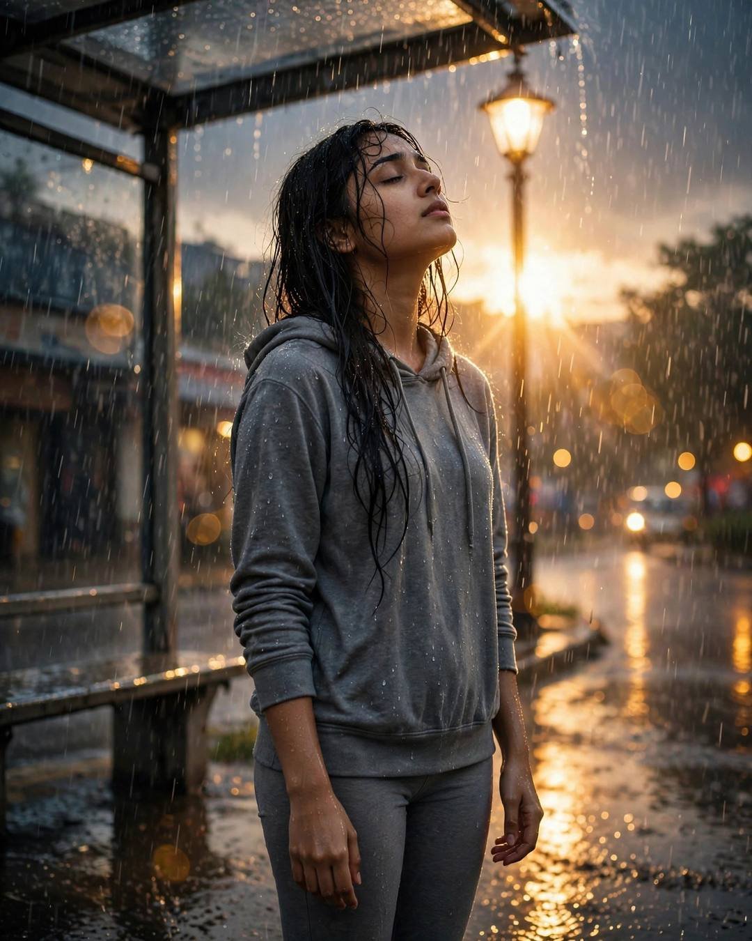 Young Indian woman in a grey hoodie and leggings standing in monsoon rain at a bus stop, face lifted to the sky under a glowing streetlamp at golden hour