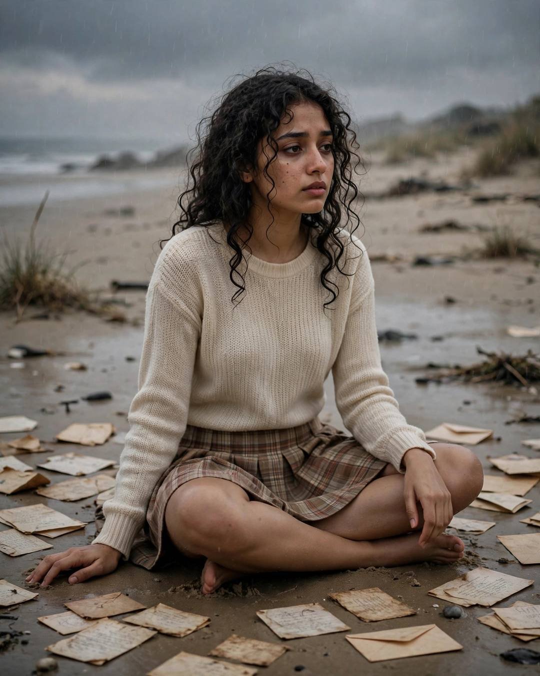 Young Indian woman with soft curls in a cream knit top and plaid skirt sitting cross-legged on a deserted beach surrounded by old letters in light rain