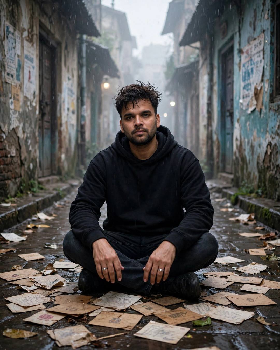 Framed inside a glass bus shelter as — Street Cinematic cinematic AI portrait: black oversized hoodie and dark jeans, slightly messy morning hair at narrow old-city lane with peeling walls, the city as film set, fragile mood
