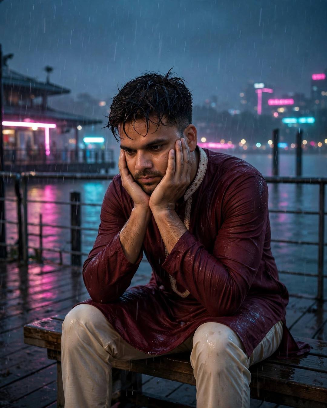 Standing between two parked buses while the — Street Cinematic cinematic AI portrait: maroon kurta with cream churidar, slightly messy morning hair at dawn, the city as film set, serene mood