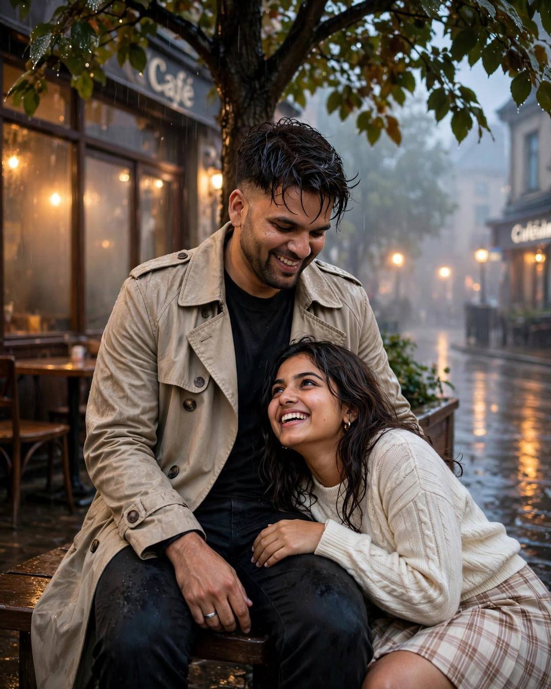 Sunset Couple AI portrait — A cliff-top embrace with wind carrying her, beige trench coat over dark layers, damp rain-wet hair, sitting under a tree, her head in his lap, both laughing softly at old cafe by a fogged window