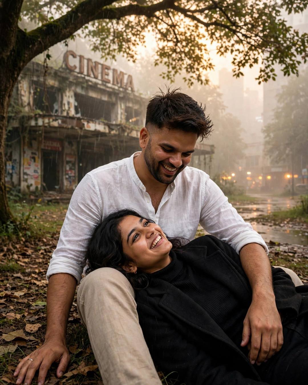 Sunset Couple AI portrait — Her pallu catching fire-orange light on a, white linen shirt with rolled sleeves, beige trousers, slightly messy morning hair, sitting under a tree, her head in his lap, both laughing softly at abandoned cinema hall