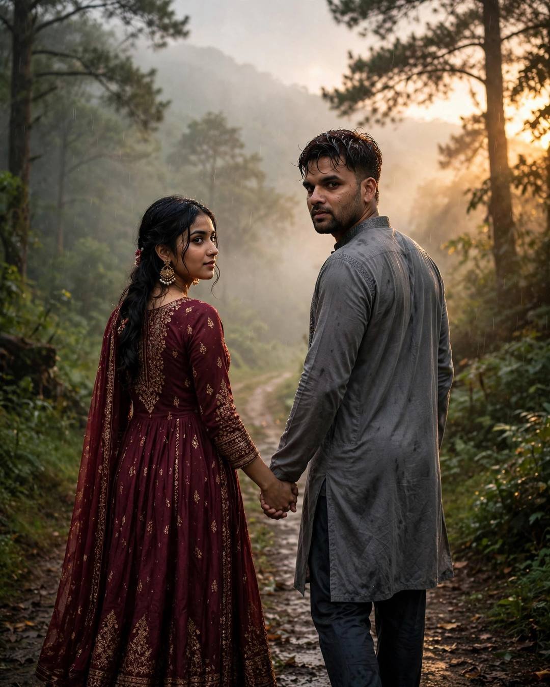 Sunset Couple AI portrait — Silhouettes against a burning orange sky, grey kurta with dark pajama, damp rain-wet hair, walking hand in hand away from the camera into the distance at misty forest path