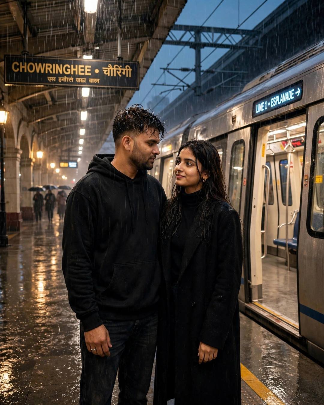 His hand on her back as she — Traditional Couple cinematic AI portrait: black oversized hoodie and dark jeans, slightly messy morning hair at midnight metro station, heritage in love, electric mood