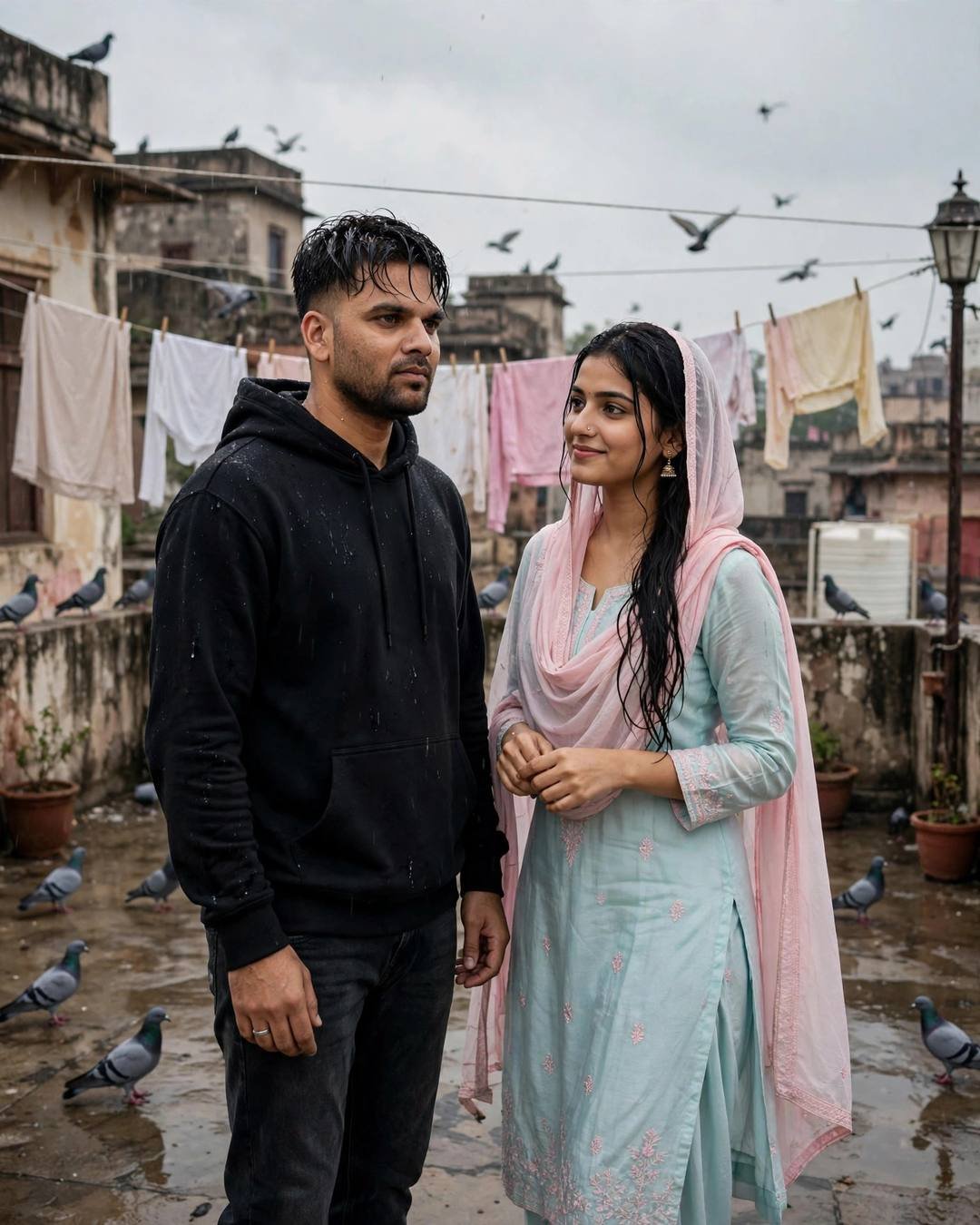 Marigold haldi morning, turmeric on cheeks — Traditional Couple cinematic AI portrait: black oversized hoodie and dark jeans, damp rain-wet hair at terrace with drying clothes lines and pigeons, heritage in love, melancholic mood