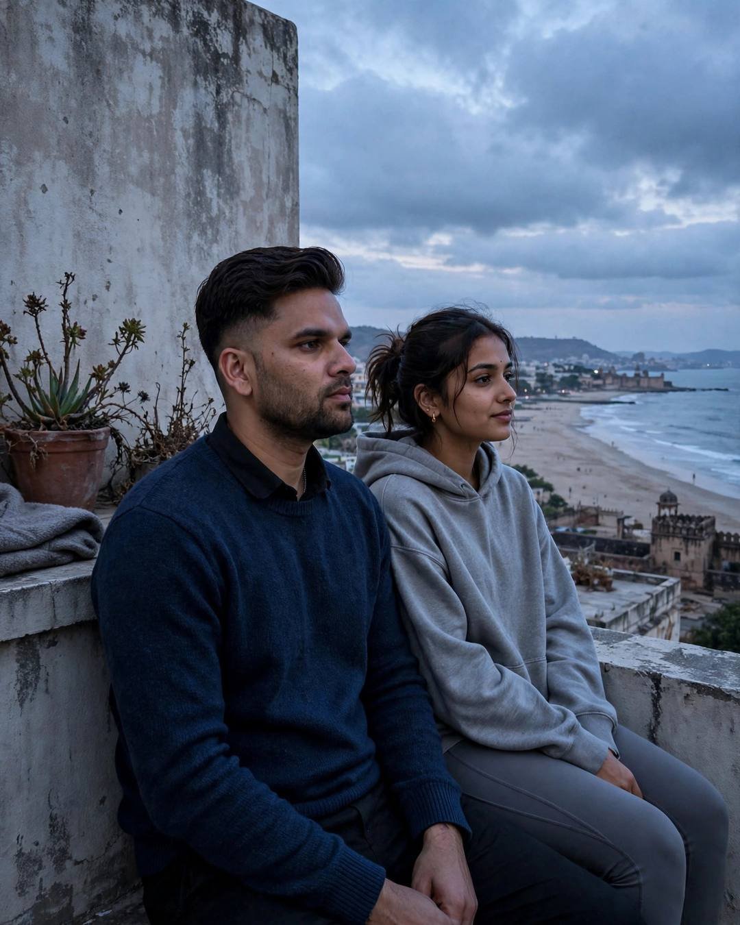 Matching bandhani at a folk fair — Traditional Couple cinematic AI portrait: navy sweater over collared shirt, neatly combed side part at dusk, heritage in love, serene mood