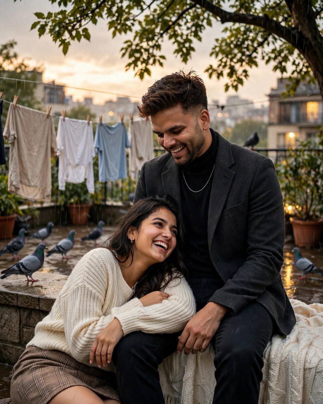 Young Indian couple laughing softly together on a terrace with clotheslines and pigeons at golden hour