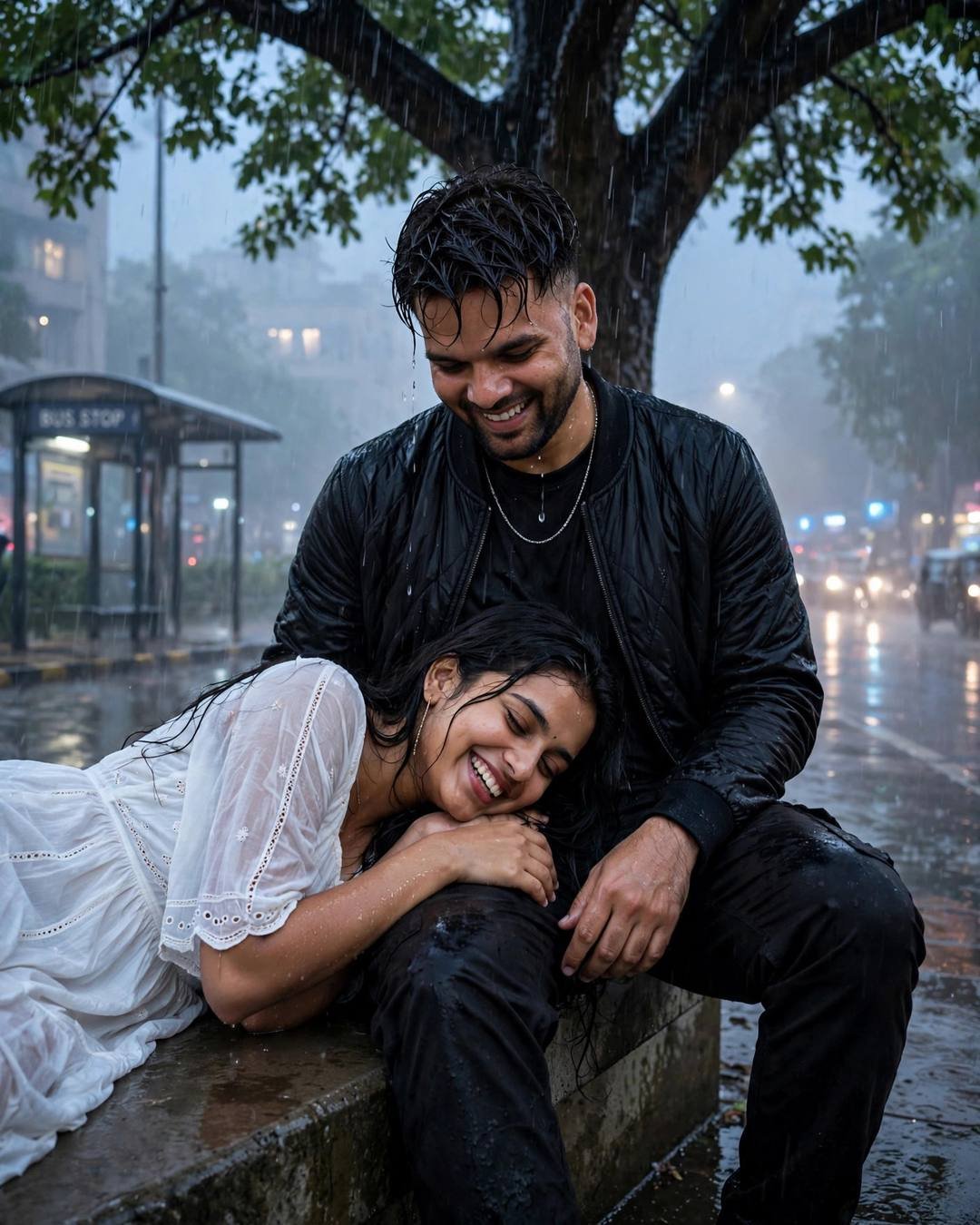 Young Indian couple under a tree at a rainy bus stop, the woman laughing with her head in his lap