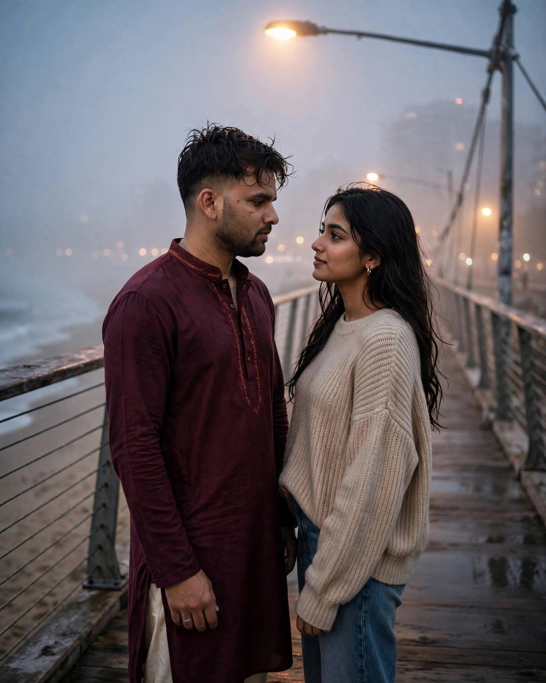 Young Indian couple standing face to face on a foggy bridge above a beach at dawn