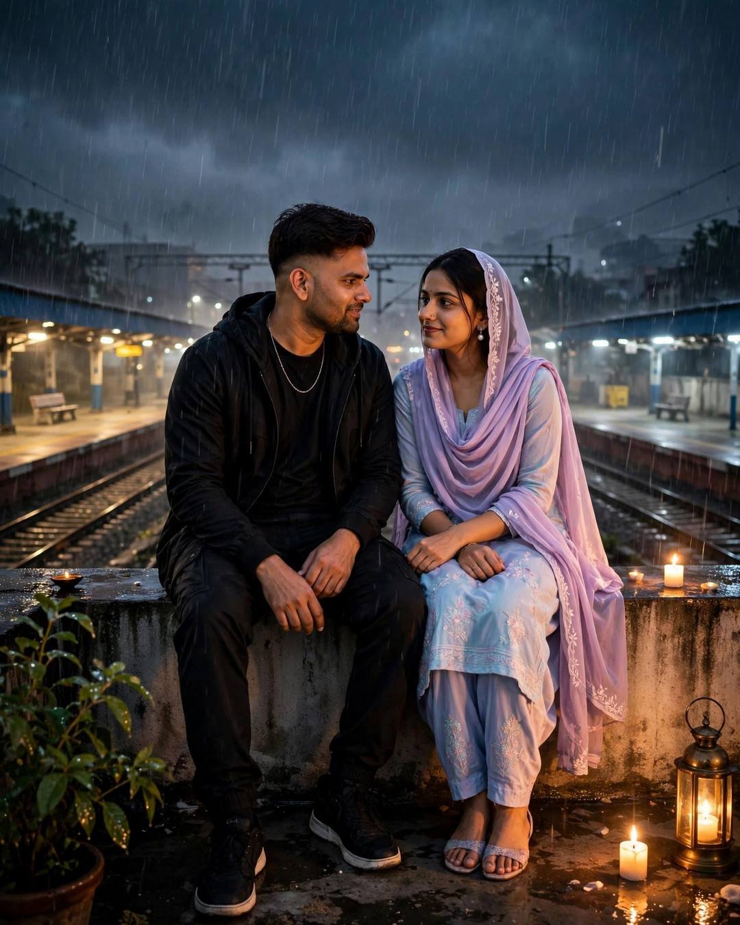 Young Indian couple sitting together on a railway platform parapet in monsoon rain with candles nearby