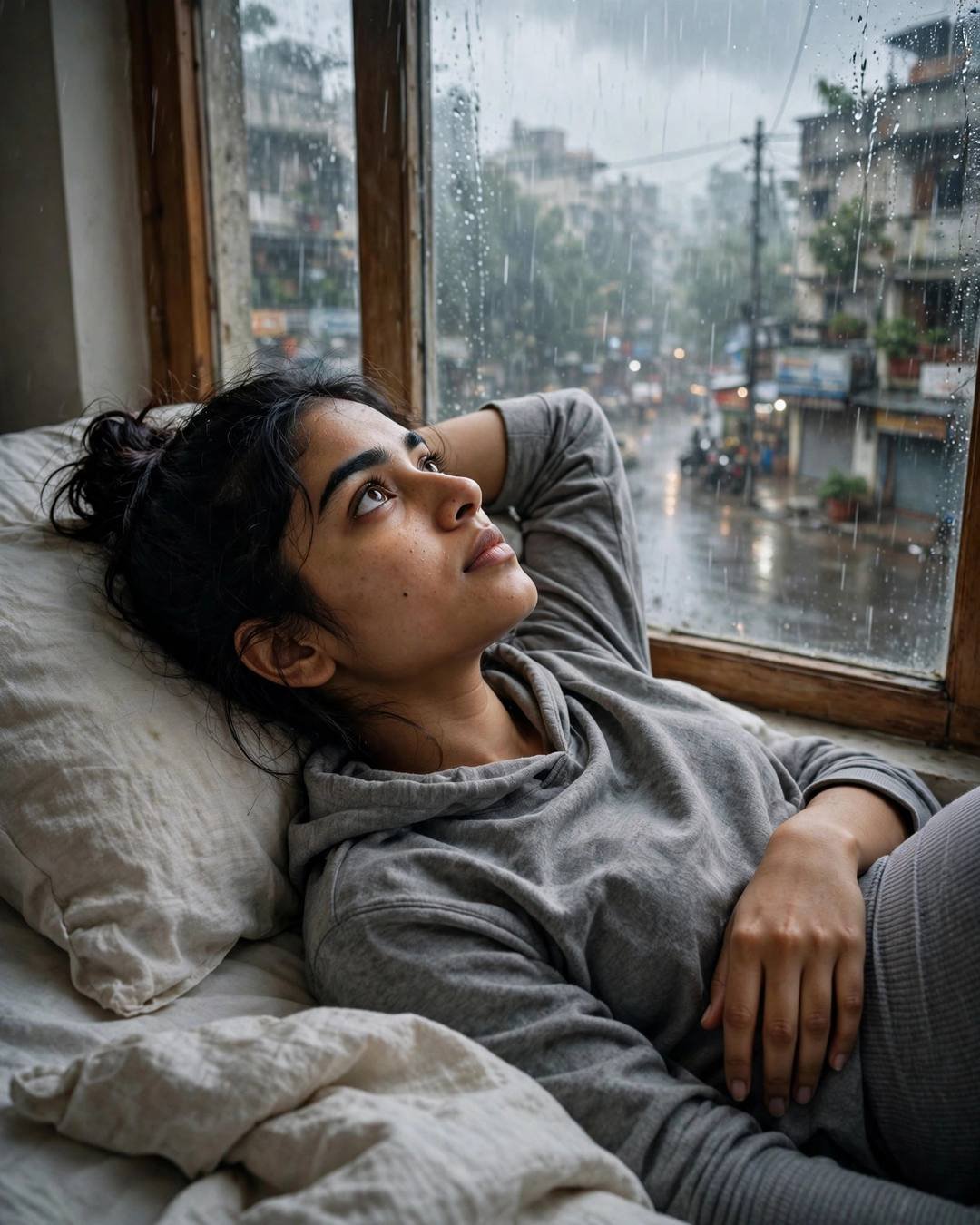 Young Indian woman in a grey hoodie lying on a bed beside a rain-streaked window overlooking a wet street