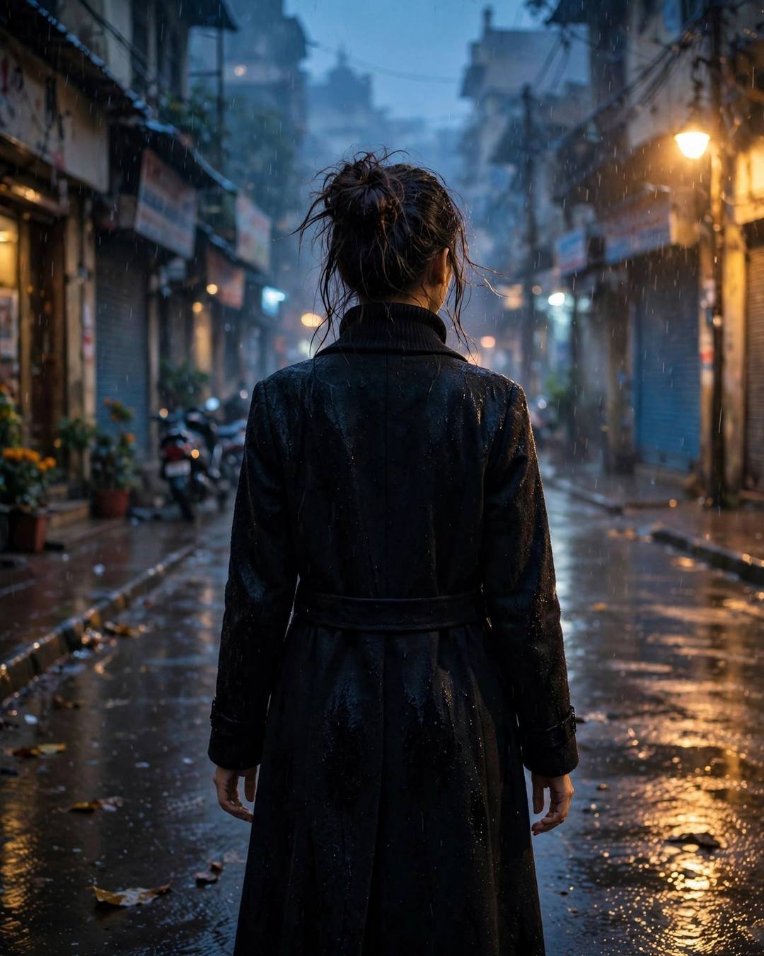 Young Indian woman in a black long coat walking away down a rain-soaked street at blue hour