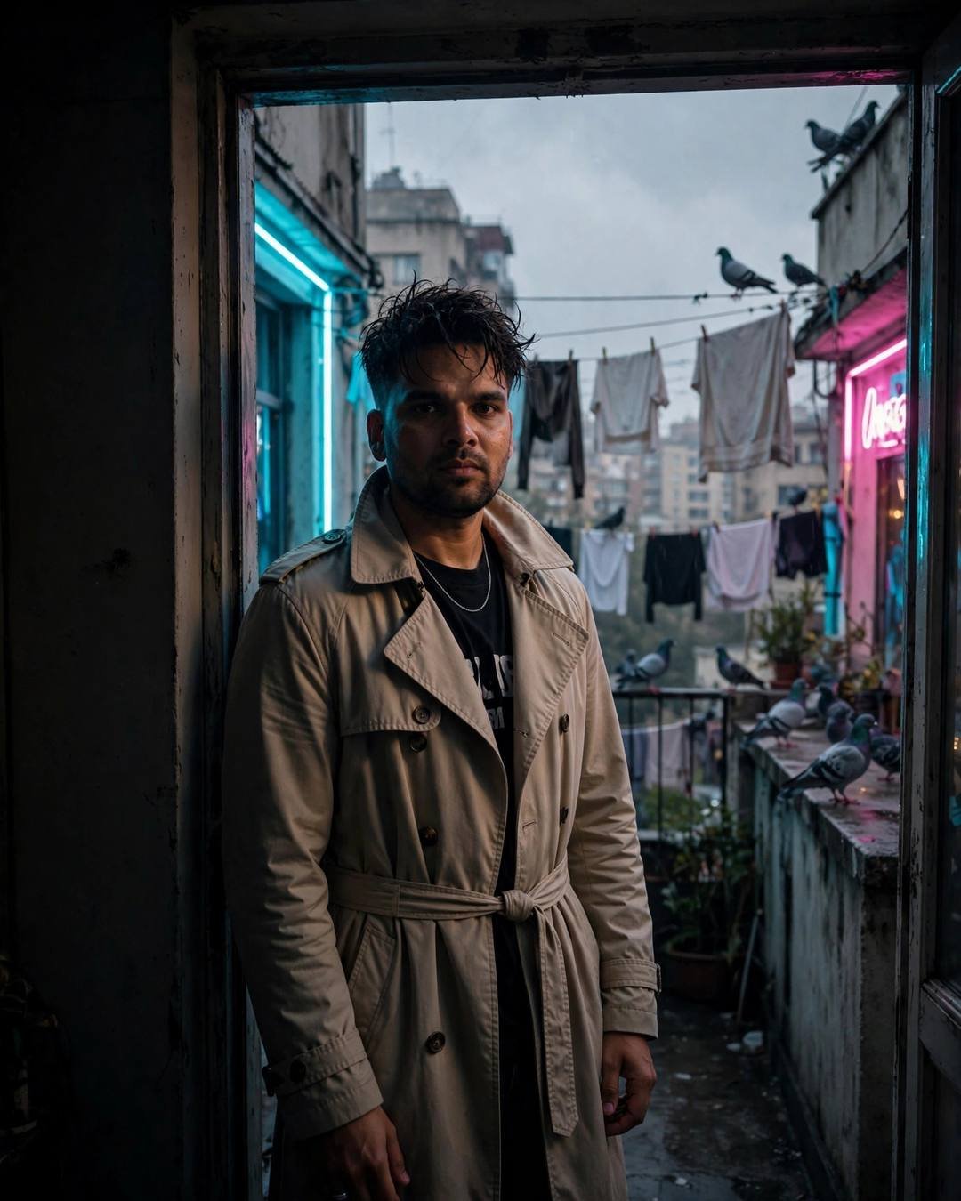Man in beige trench coat standing in a terrace doorway with pigeons, clotheslines and neon pink and cyan light