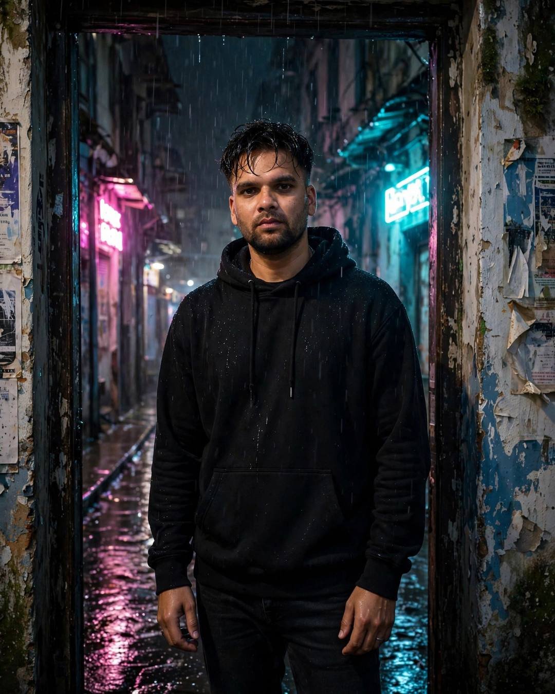 Man in black oversized hoodie standing in a doorway of a narrow old-city lane with neon light and rain