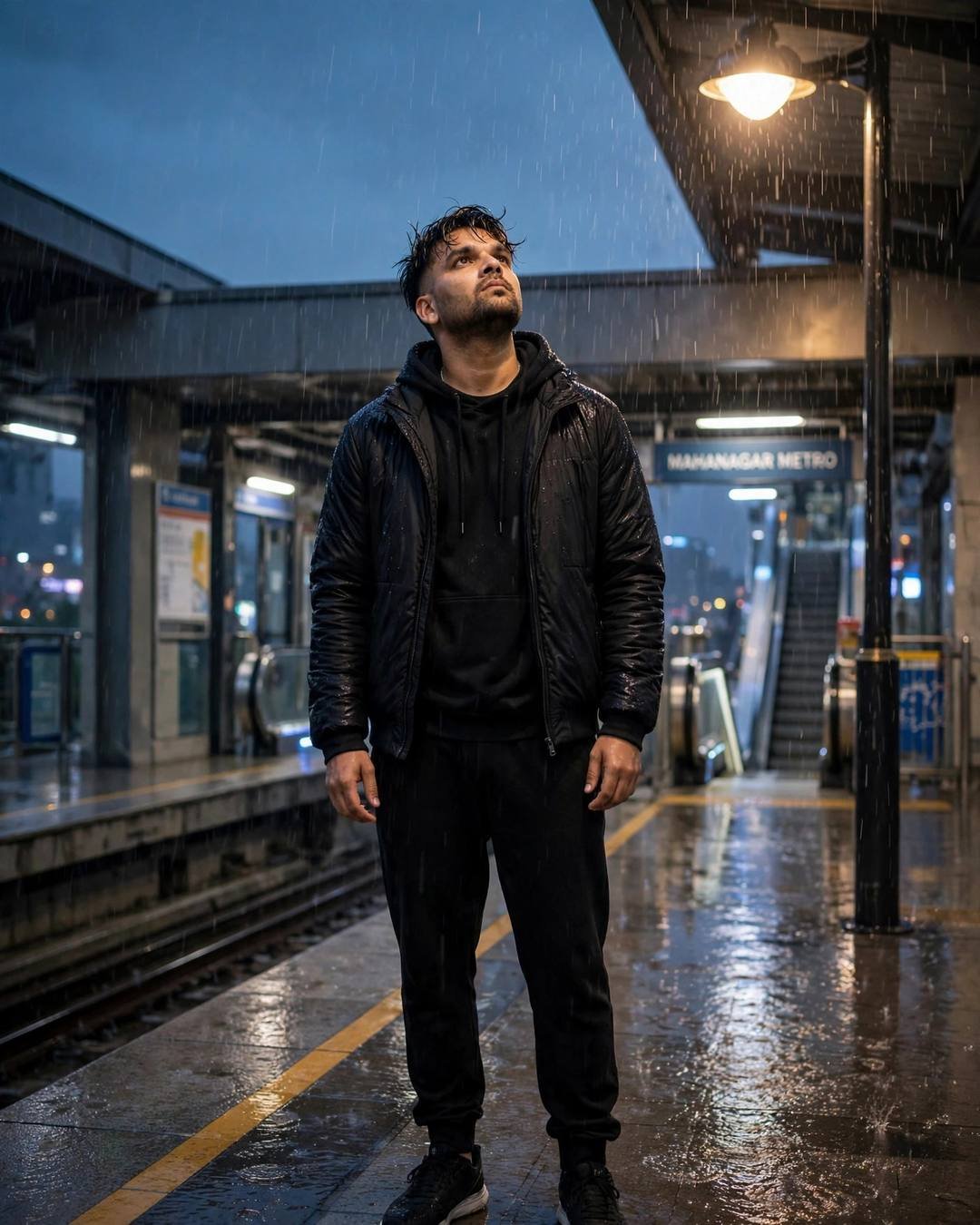 Man in all-black streetwear standing under a streetlamp in rain at a metro station, face lifted to the sky