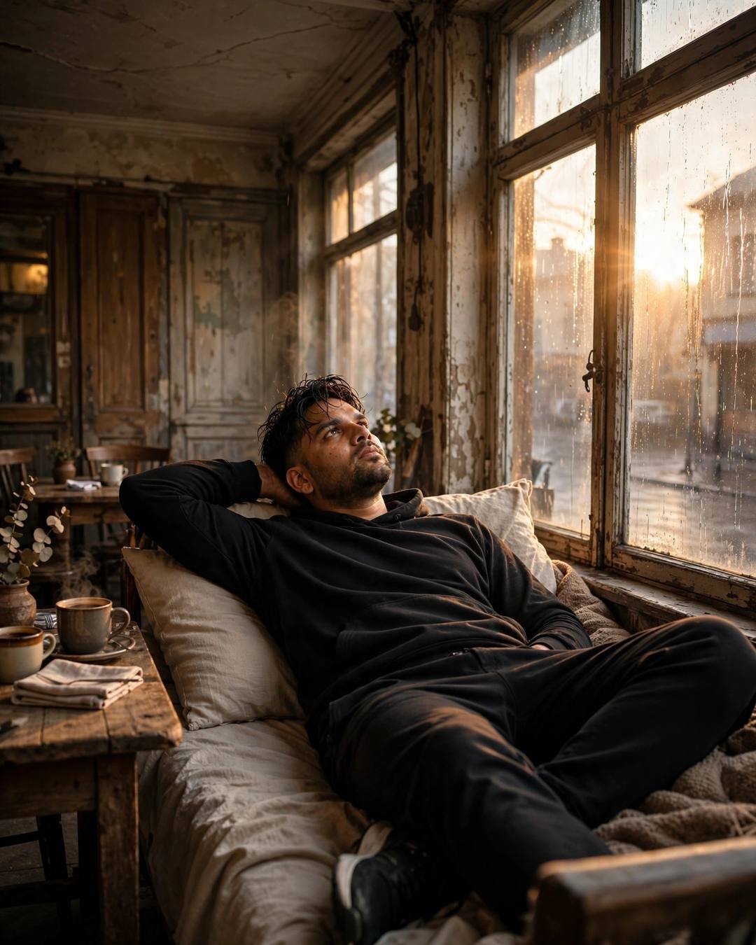 Man in all-black streetwear reclining by a fogged window in an old cafe in golden hour light