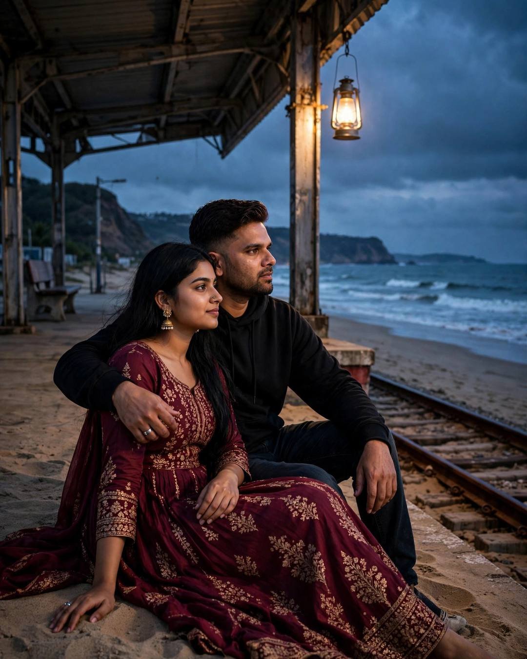 A message in a bottle, thrown together — Beach Couple portrait, black oversized hoodie and dark jeans, cinematic mood photography