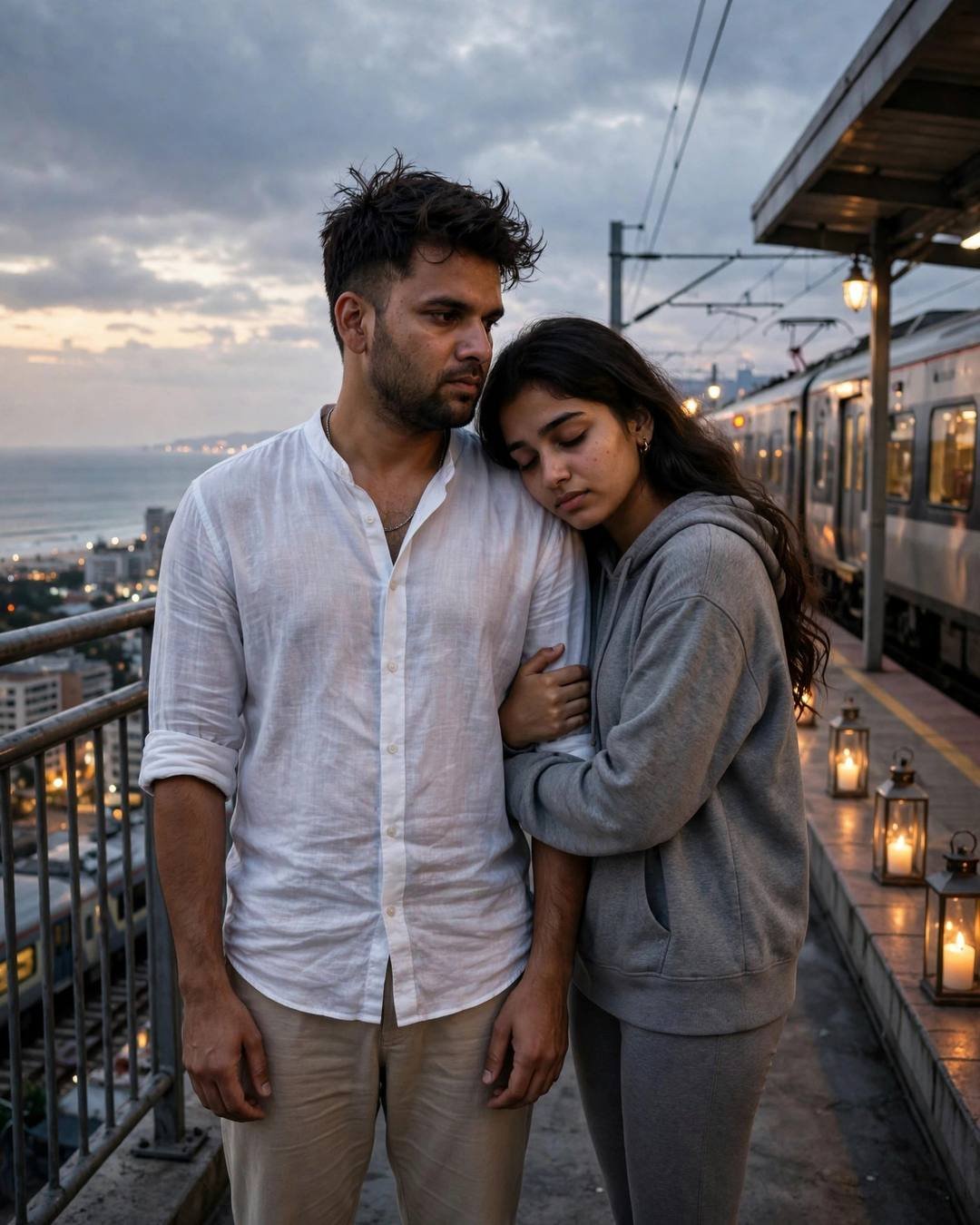 A beach shack dinner by lantern light — Beach Couple portrait, white linen shirt with rolled sleeves, cinematic mood photography